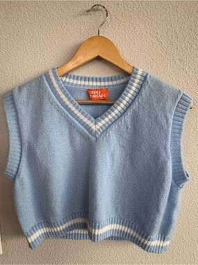 Light Blue V-Neck Knit Sweater Vest & Skirt Set